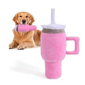 NEW Water Drink Tumbler Cup Plush Dog Toy Pink Cute Gift Puppy Squeaky Stanley